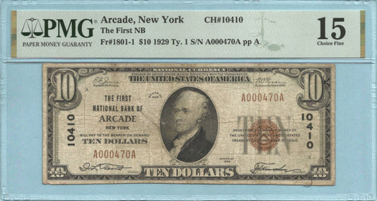 $10 National Currency 1929-T1 - Ch#10410 - 1st National Bank, Arcade, NY - PMG 15