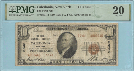 $10 National Currency 1929-T2 - Ch#5648 - 1st NB, Caledonia, NY - PMG 20