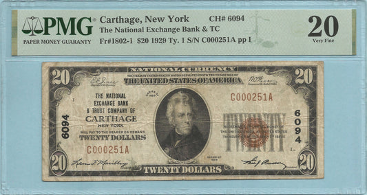 $20 National Currency 1929-T1 - Ch#6094 - N Exchange B&TC, Carthage, NY - PMG 20