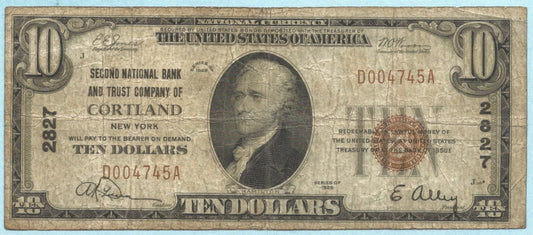 $10 National Currency 1929-T1 - Ch#2827 - 2nd NB & TC, Cortland, NY - F+/VF