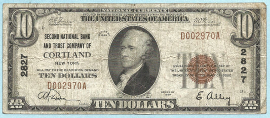 $10 National Currency 1929-T1 - Ch#2827 - 2nd NB & TC, Cortland, NY - VF