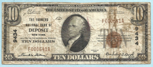 $10 National Currency 1929-T1 - Ch#9434 - Farmers NB, Deposit, NY - VF