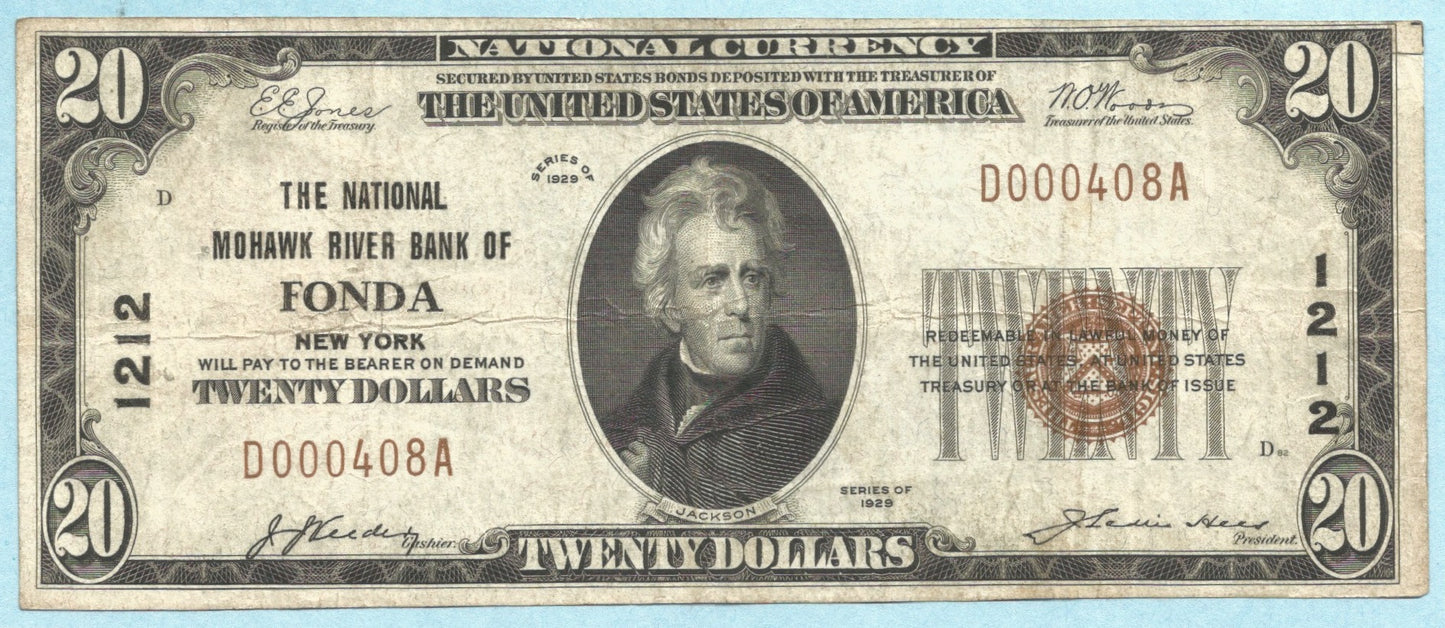 $20 National Currency 1929-T1 - Ch#1212 - National Mohawk River Bank, Fonda, NY - VF+/ChVF