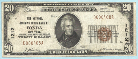 $20 National Currency 1929-T1 - Ch#1212 - National Mohawk River Bank, Fonda, NY - VF+/ChVF