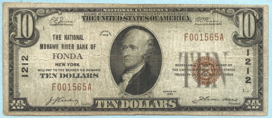 $10 National Currency 1929-T1 Ch#1212 National Mohawk River Bank, Fonda, NY - VF
