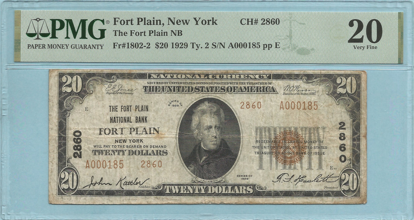 $20 National Currency 1929-T2 - Ch#2860 - Fort Plain NB, Fort Plain, NY - PMG 20