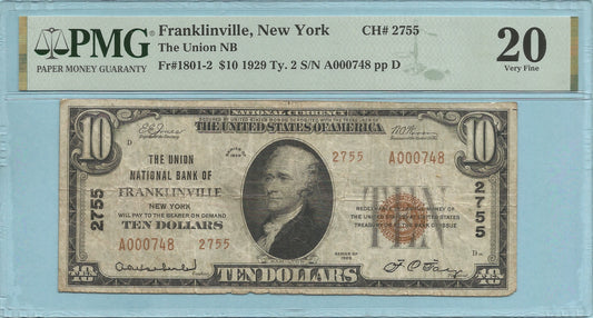 $10 National Currency 1929-T2 - Ch#2755 - Union NB, Franklinville, NY - PMG 20