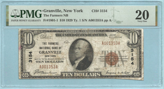 $10 National Currency 1929 T1 - Ch#3154 - Farmers NB, Granville, NY - PMG 20
