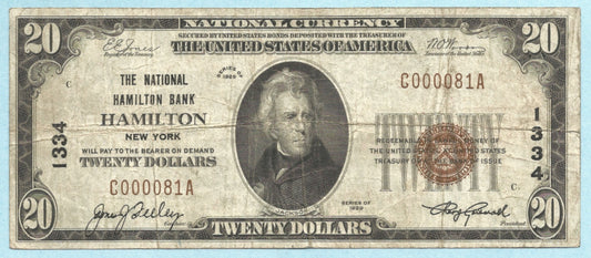 $20 National Currency 1929-T1 - Ch#1334 - National Hamilton Bank, Hamilton, NY - VF+