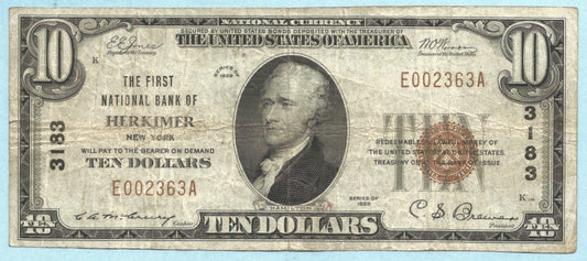 $10 National Currency 1929-T1 Ch#3183 - 1st National Bank, Herkimer, NY - VF+