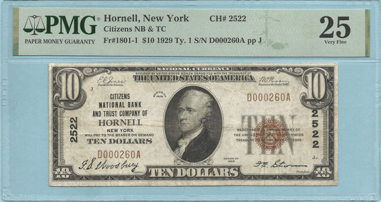 $10 National Currency 1929-T1 - Ch#2522 - Citizens NB&TC, Hornell, NY - PMG 25
