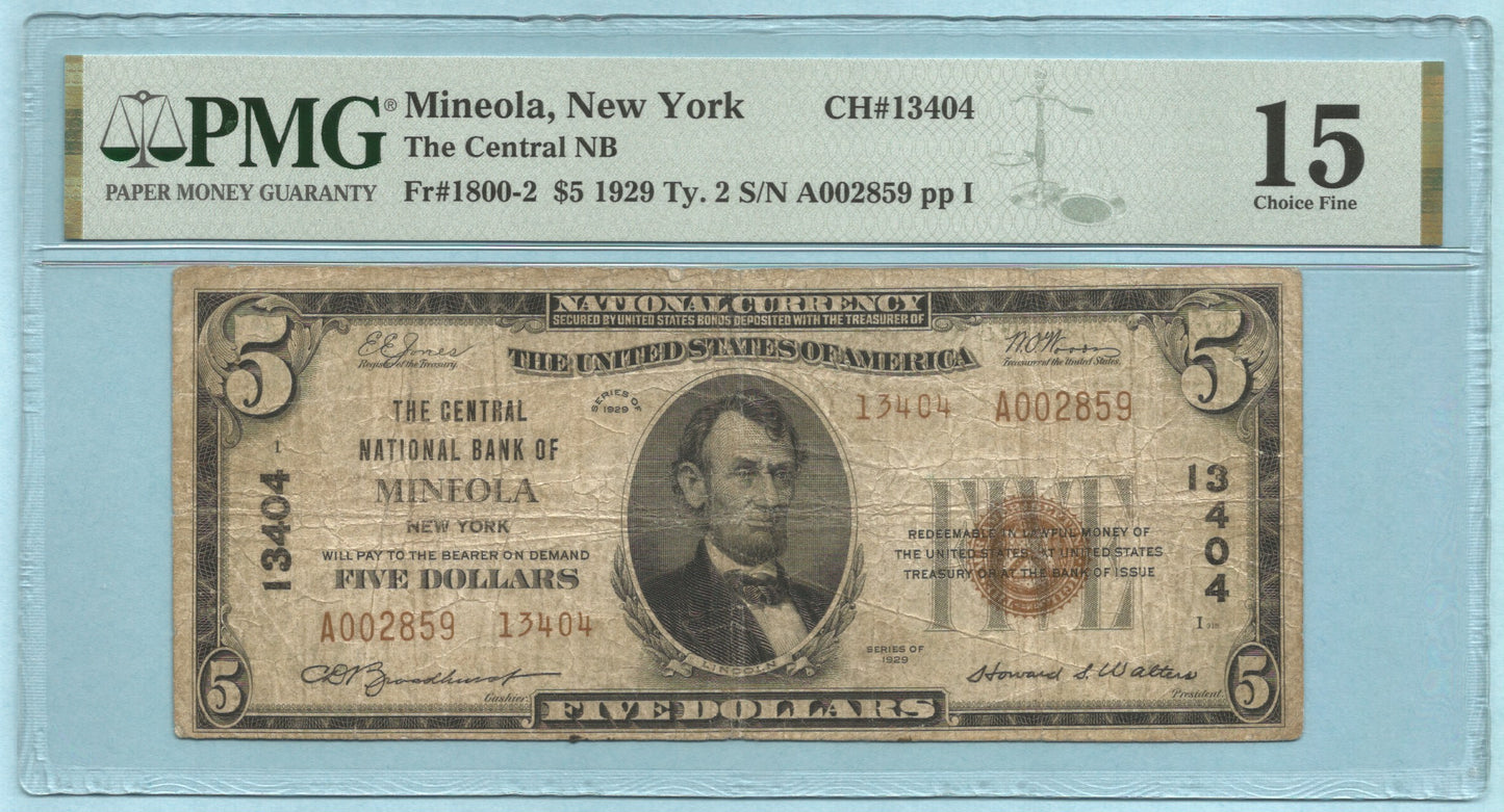 $5 National Currency 1929-T2 - Ch#13404 - Central NB, Mineola, NY - PMG 15