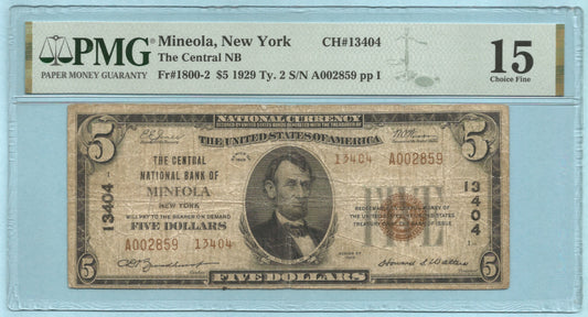 $5 National Currency 1929-T2 - Ch#13404 - Central NB, Mineola, NY - PMG 15