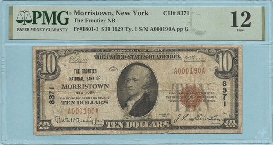 $10 National Currency 1929-T1 - Ch#8371 - Frontier NB, Morristown, NY - PMG 12