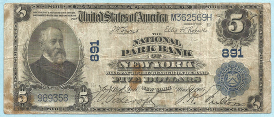 $5 National Currency 1902-PB - Ch#891 - National Park Bank, New York, NY - F+