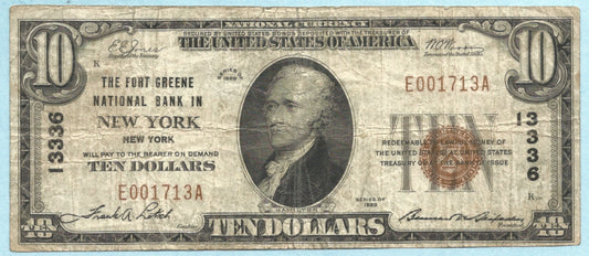 $10 National Currency 1929-T1 - Ch#13336 - Fort Greene NB, New York, NY - VF
