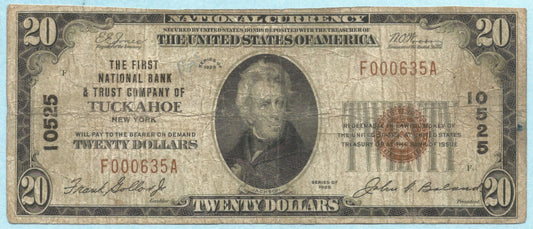 $20 National Currency 1929-T1 Ch#10525 1st NB & TC, Tuckahoe, NY - F+