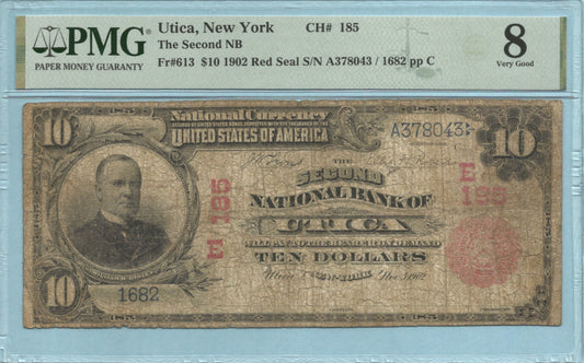 $10 National Currency 1902-RS - Ch#185 - 2nd NB, Utica, NY - PMG 8