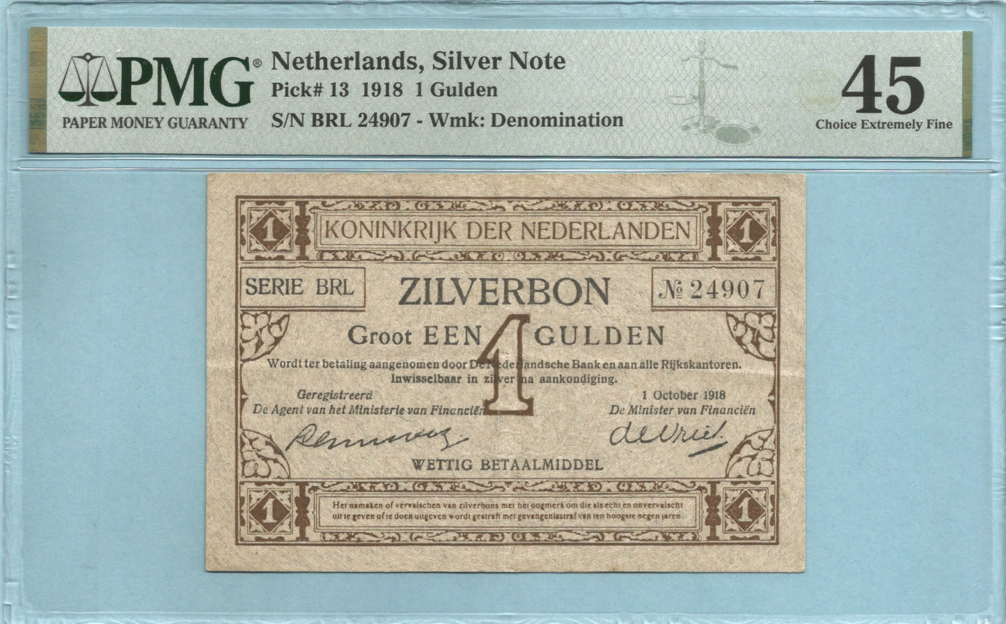 Netherlands Gulden 1.10.1918 - P#13 - PMG 45