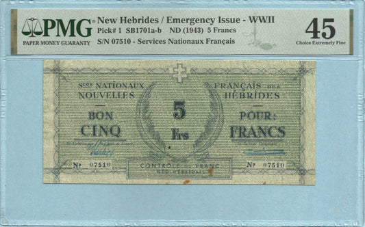 New Hebrides 5 Francs - ND(1943) - P#1 - PMG 45