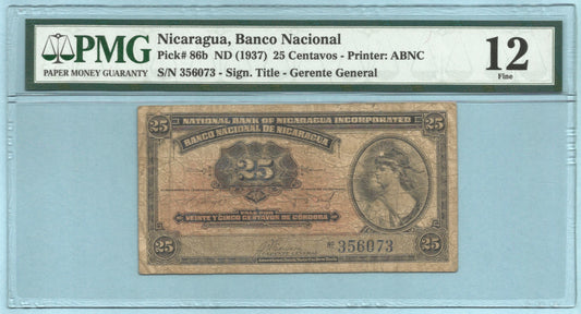 Nicaragua 25 Centavos - ND(1937) - P#86b - PMG 12