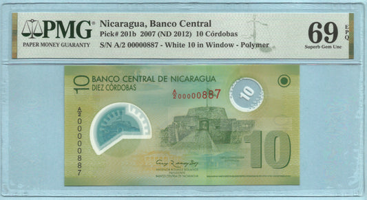 Nicaragua 10 Cordobas - 2007(ND 2012) - P#201b -  PMG 69 EPQ S/N# 887