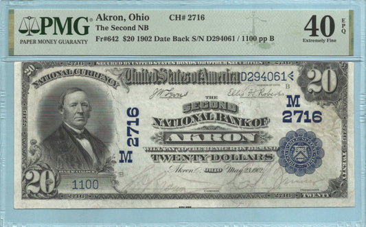 $20 National Currency 1902-DB Ch#2716 - 2nd National Bank, Akron, OH - PMG 40 EPQ