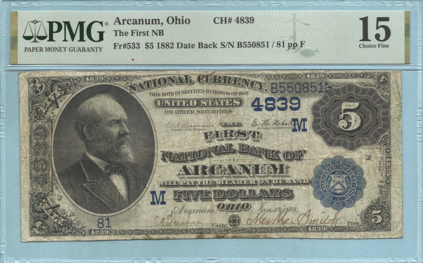 $5 National Currency 1882-DB - Ch#4839 - 1st NB, Arcanum, OH - PMG 15