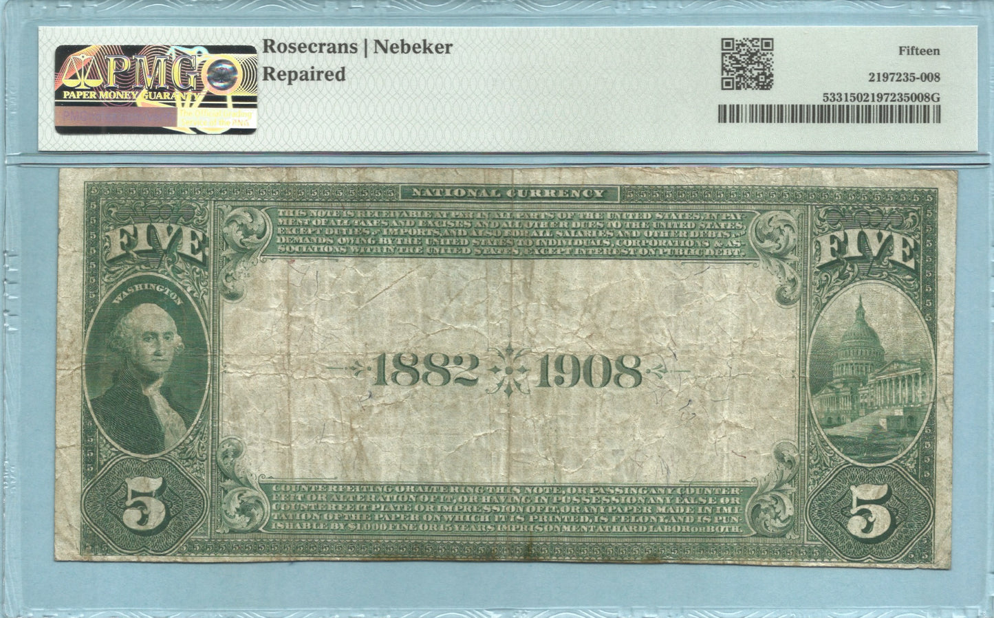 $5 National Currency 1882-DB - Ch#4839 - 1st NB, Arcanum, OH - PMG 15