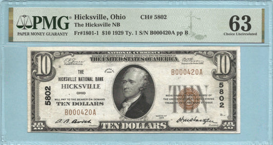$10 National Currency 1929-T1 - Ch#5802 - Hicksville NB, Hicksville, OH - PMG 63