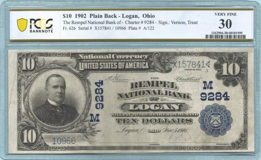 $10 National Currency 1902-PB - Ch#9284 - Rempel NB, Logan, OH - PCGS 30