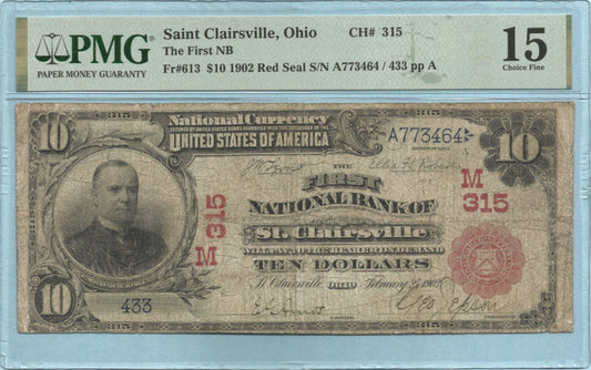 $10 National Currency 1902-RS - Ch#315 - 1st National Bank, St. Clairsville, OH - PMG 15