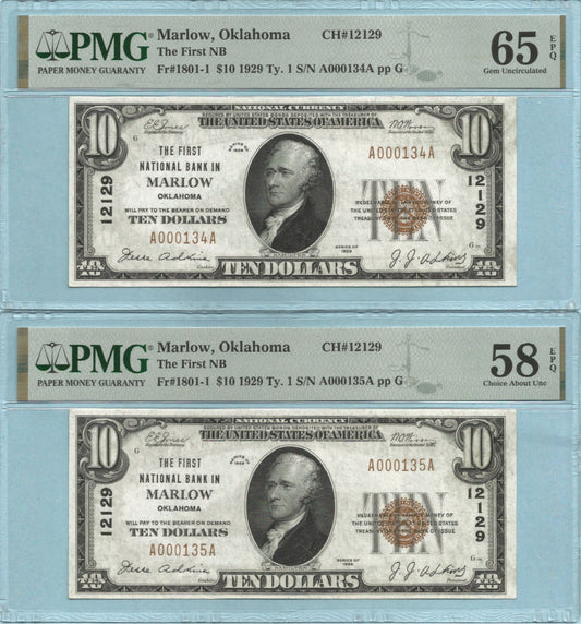 $10 National Currency - 1929-T1 - Ch#12129 - 1st NB, Marlow, OK - 6 Consecutive Notes
