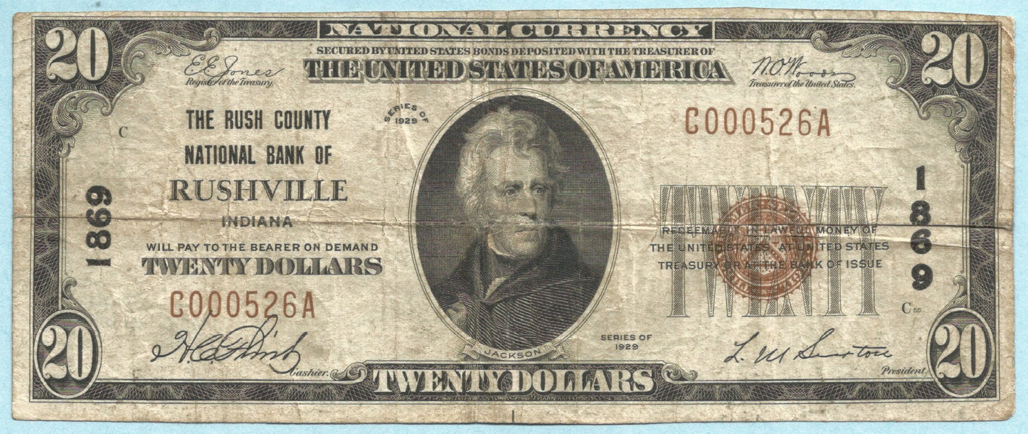 $20 National Currency 1929-T1 - Ch#1869 - Rush County NB, Rushville, IN - VF