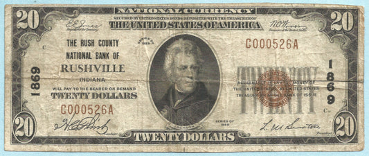 $20 National Currency 1929-T1 - Ch#1869 - Rush County NB, Rushville, IN - VF