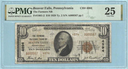 $10 National Currency 1929-T2 - Ch#4894 - Farmers NB, Beaver Falls, PA - PMG 25