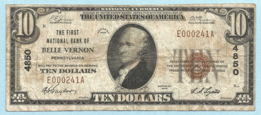 $10 National Currency 1929 - Type 1 - Ch#4850 - 1st NB, Belle Vernon, PA - VF