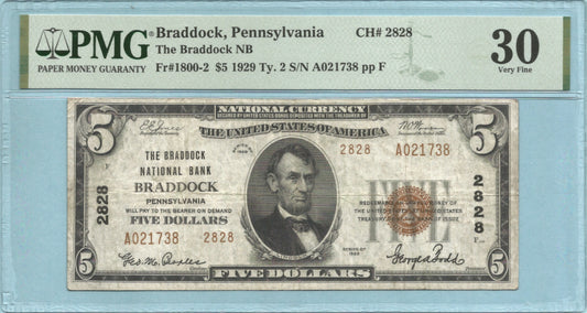 $5 National Currency 1929-T2 - Ch#2828 - Braddock NB, Braddock, PA - PMG 30