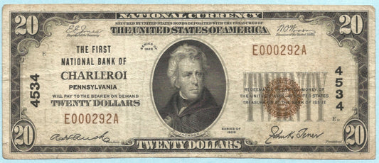 $20 National Currency 1929 T1 - Ch#4534 - 1st NB, Charleroi, PA - VF+