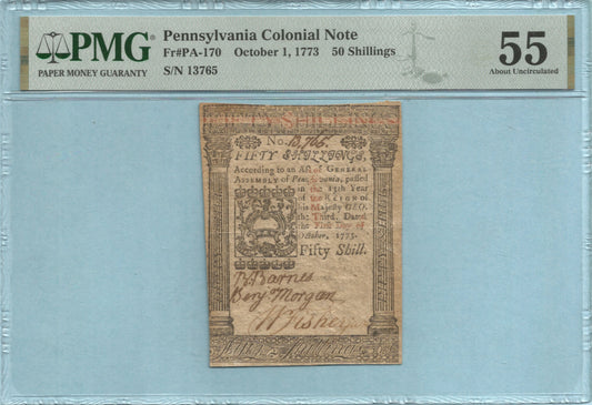 50 Shillings Colonial Currency - 10.1.1773 - FR#PA-170 - PMG 55