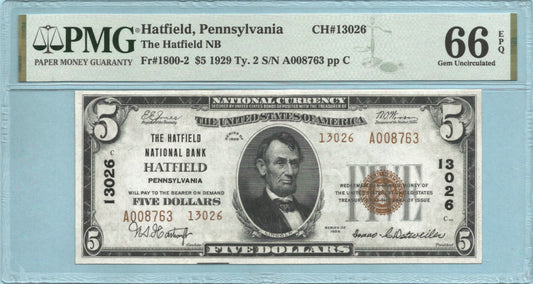 $5 National Currency 1929-T2 - Ch#13026 - Hatfield NB, Hatfield, PA - PMG 66 EPQ