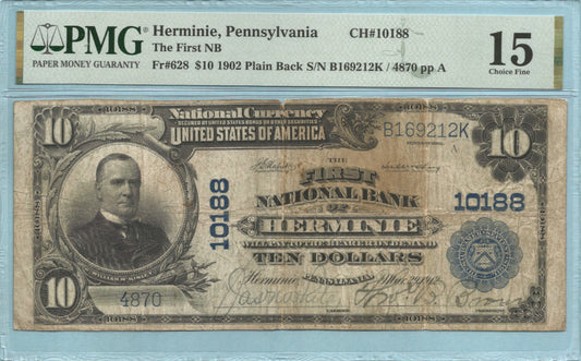 $10 National Currency 1902-PB Ch#10188 - 1st NB, Herminie, PA - PMG 15