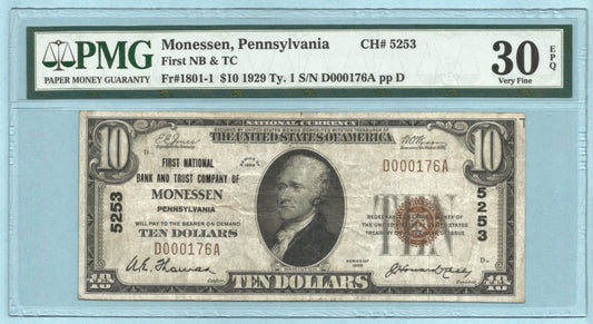 $10 National Currency 1929-T1 - Ch#5253 - 1st NB & TC, Monessen, PA - PMG 30 EPQ