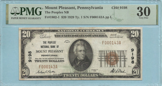 $20 National Currency 1929-T1 - Ch#9198 - People NB, Mount Pleasant, PA - PMG 30