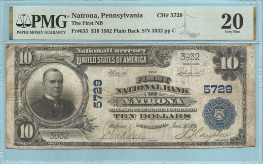 $10 National Currency 1902-PB - Ch#5729 - 1st NB, Natrona, PA - PMG 20
