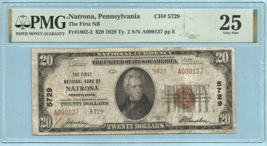 $20 National Currency 1929-T2 - Ch#5729 - 1st NB, Natrona, PA - PMG 25