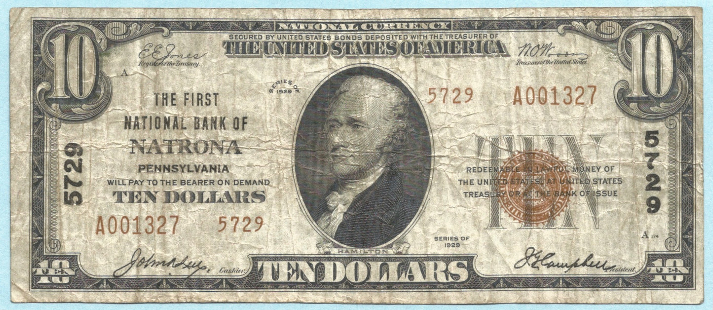 $10 National Currency 1929 T2 - Ch#5729 - 1st NB Natrona, PA - VF