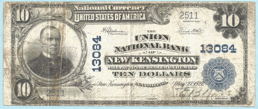 $10 National Currency 1902-PB Ch#13084 - Union NB, New Kensington, PA - VF