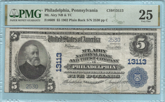 $5 National Currency 1902-PB - Ch#13113 - Mt. Airy NB&TC, Philadelphia, PA - PMG 25