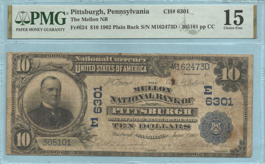 $10 National Currency 1902-PB - Ch#6301 - Mellon NB, Pittsburg, PA - PMG 15
